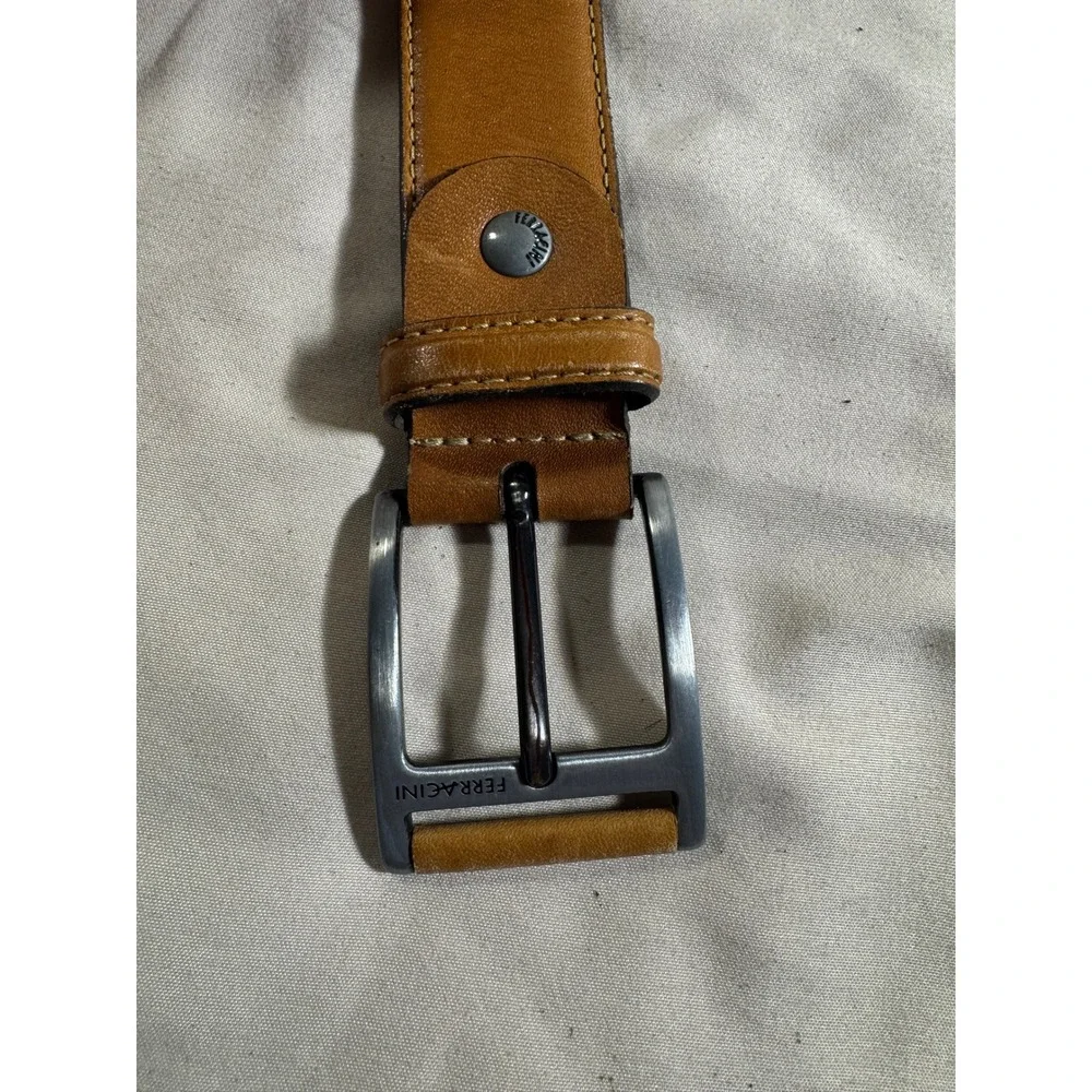 Ferracini Mens Tan Brown Leather Belt Made in Brazil Silver Buckle Size 32